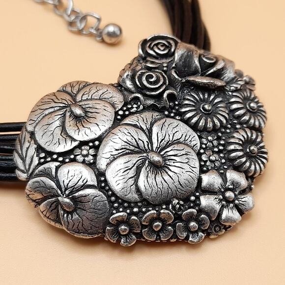 Chico's Floral Heart Silver Tone Pendant Necklace, 9 Strands Black Leather, 20" - Picture 10 of 12